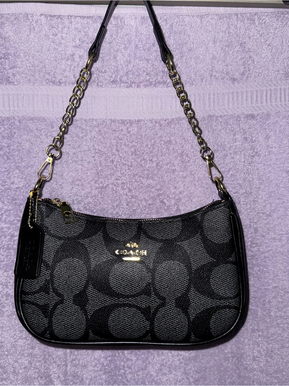 Coach Black Signature Mini Shoulder Bag with Gold Chain Strap